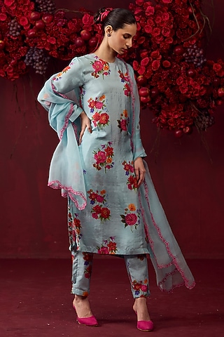 Ice Blue & Pink Handwoven Organza Silk Floral Cutwork Dupatta by Surmaye