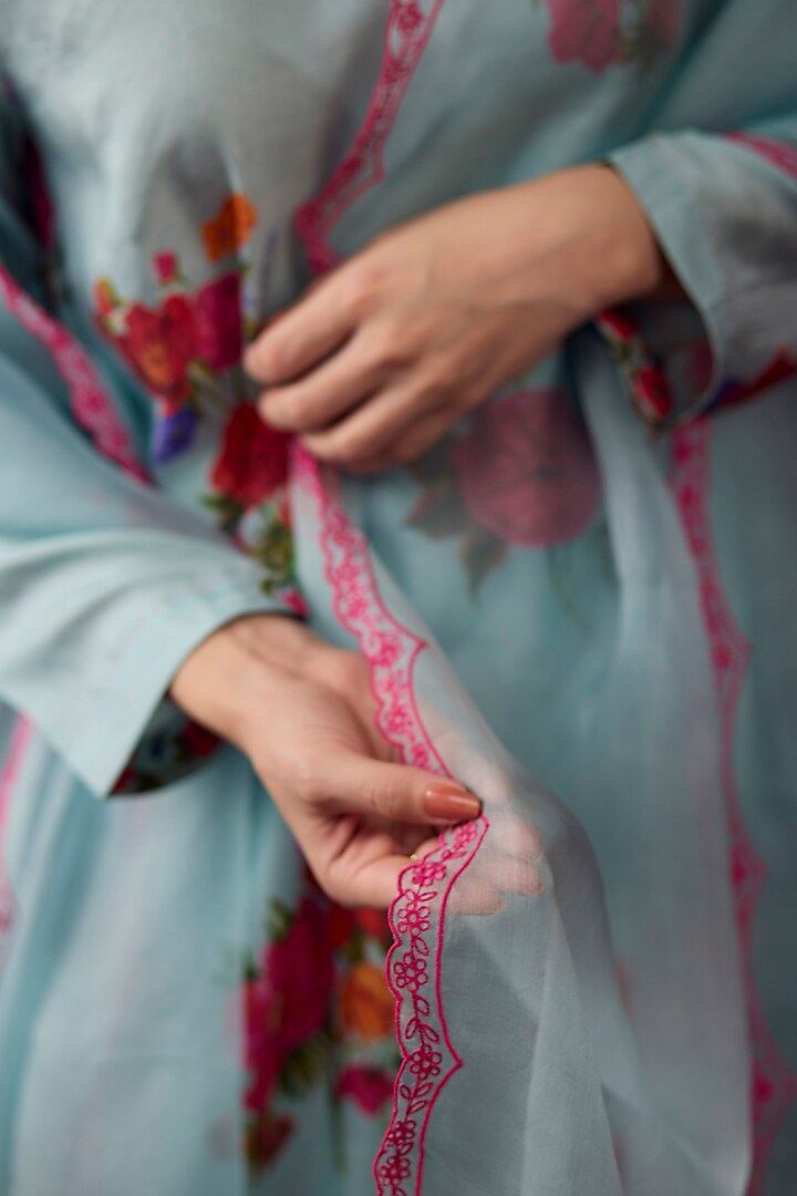 Ice Blue & Pink Handwoven Organza Silk Floral Cutwork Dupatta by Surmaye at Pernia's Pop Up Shop