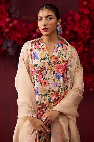 Beige Handwoven Organza Silk Floral Cutwork Dupatta by Surmaye
