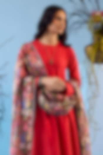 Slate Grey Handwoven Organza Mulberry Silk Floral Printed Dupatta by Surmaye at Pernia's Pop Up Shop