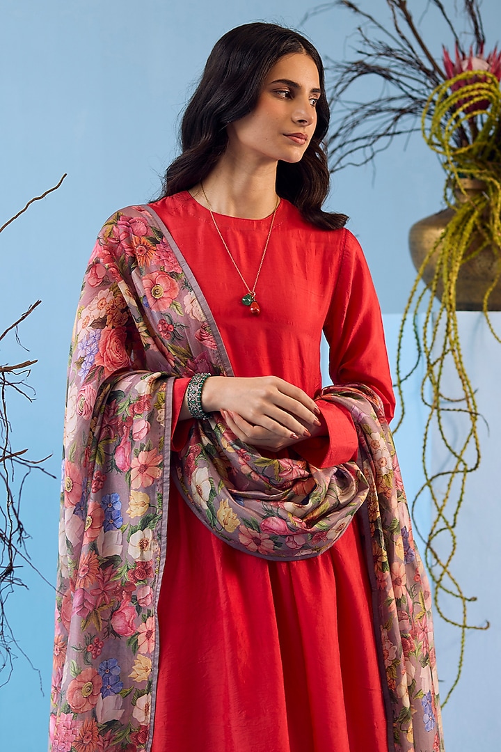 Slate Grey Handwoven Organza Mulberry Silk Floral Printed Dupatta by Surmaye at Pernia's Pop Up Shop