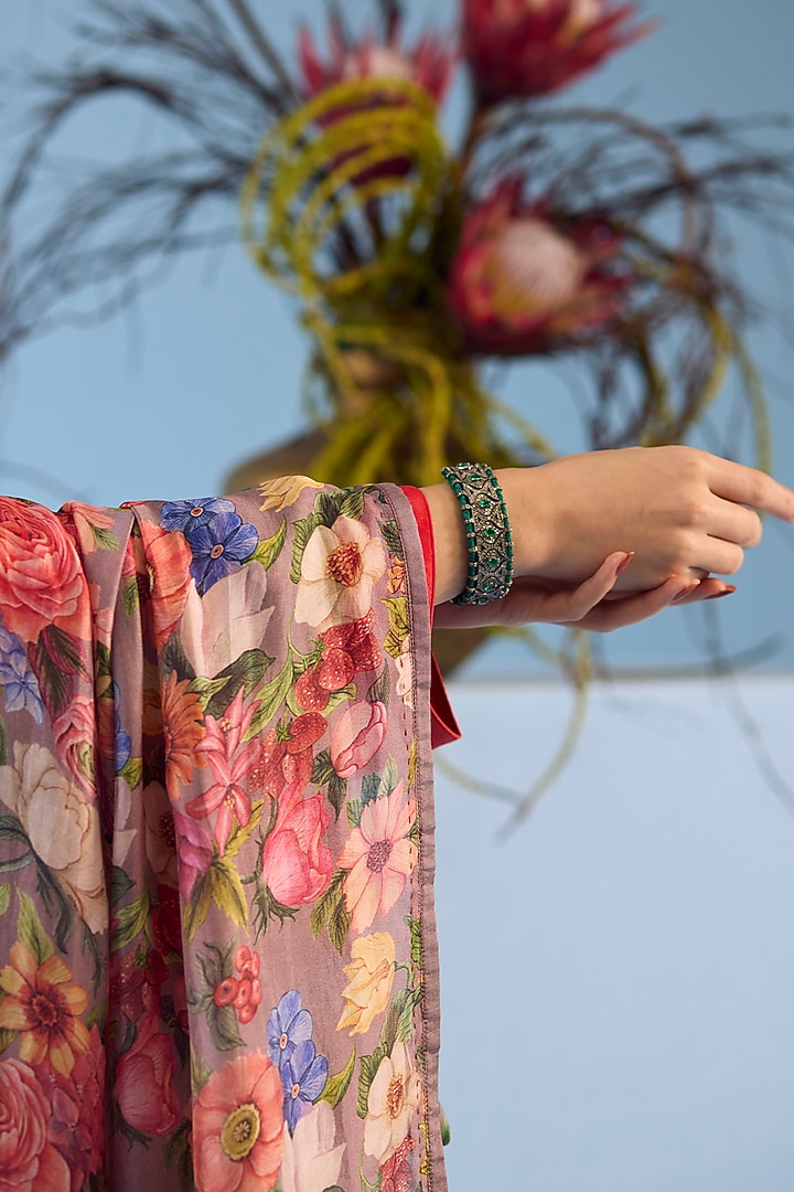 Slate Grey Handwoven Organza Mulberry Silk Floral Printed Dupatta by Surmaye at Pernia's Pop Up Shop