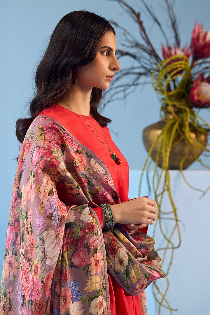 Slate Grey Handwoven Organza Mulberry Silk Floral Printed Dupatta by Surmaye at Pernia's Pop Up Shop