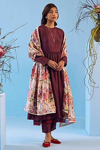 Beige Handwoven Organza Mulberry Silk Floral Printed Dupatta by Surmaye