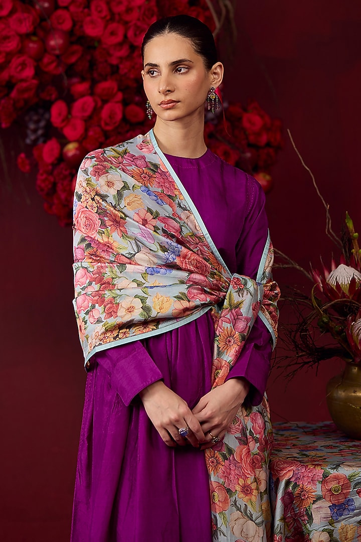 Ice Blue Handwoven Organza Mulberry Silk Floral Printed Dupatta by Surmaye at Pernia's Pop Up Shop