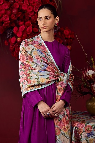 Ice Blue Handwoven Organza Mulberry Silk Floral Printed Dupatta by Surmaye