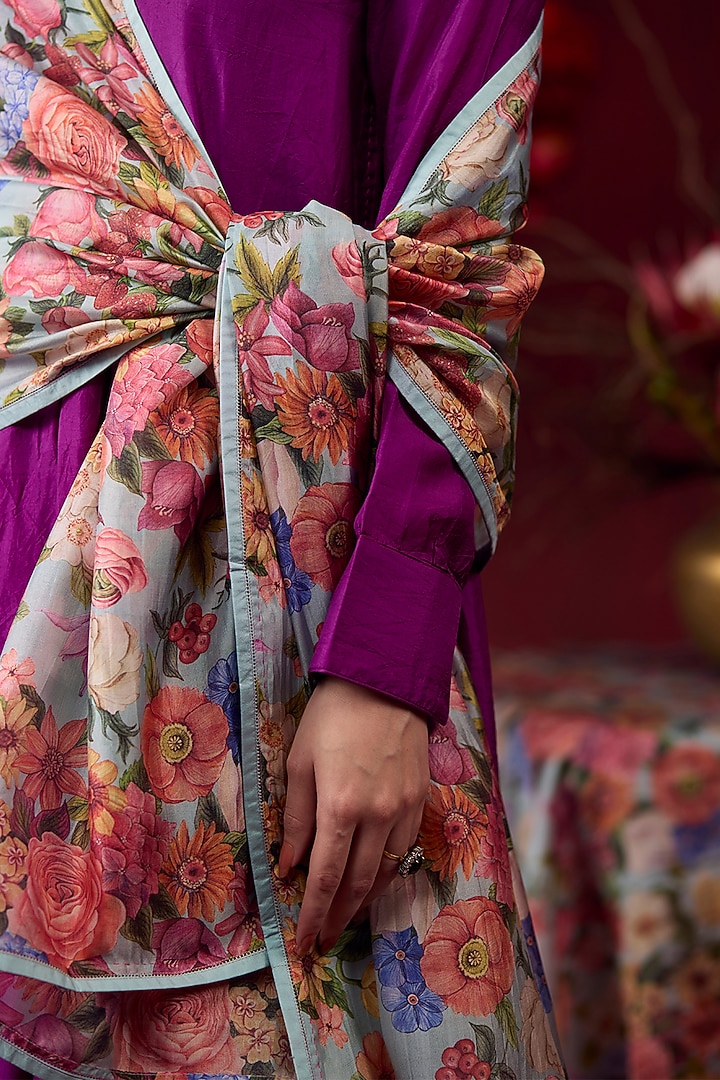Ice Blue Handwoven Organza Mulberry Silk Floral Printed Dupatta by Surmaye at Pernia's Pop Up Shop