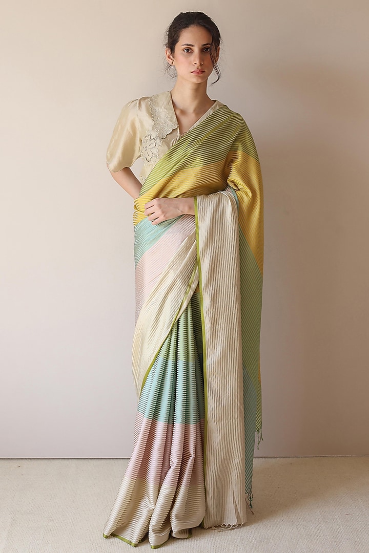 Multi-Colored Handwoven Mulberry Silk Satin Party Wear Saree by Surmaye  at Pernia's Pop Up Shop