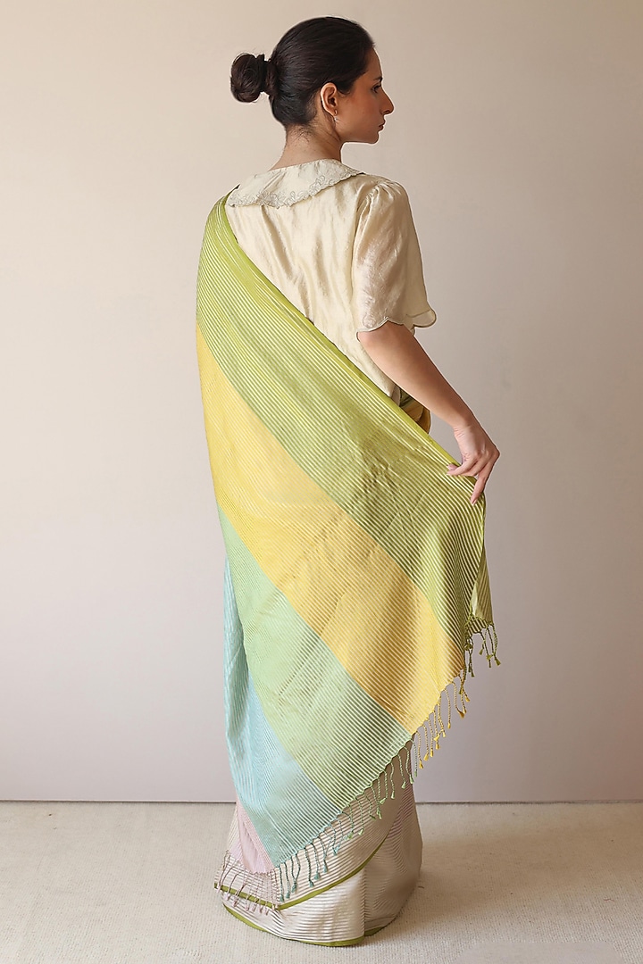 Multi-Colored Handwoven Mulberry Silk Satin Party Wear Saree by Surmaye at Pernia's Pop Up Shop