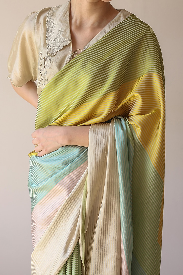 Multi-Colored Handwoven Mulberry Silk Satin Party Wear Saree by Surmaye at Pernia's Pop Up Shop