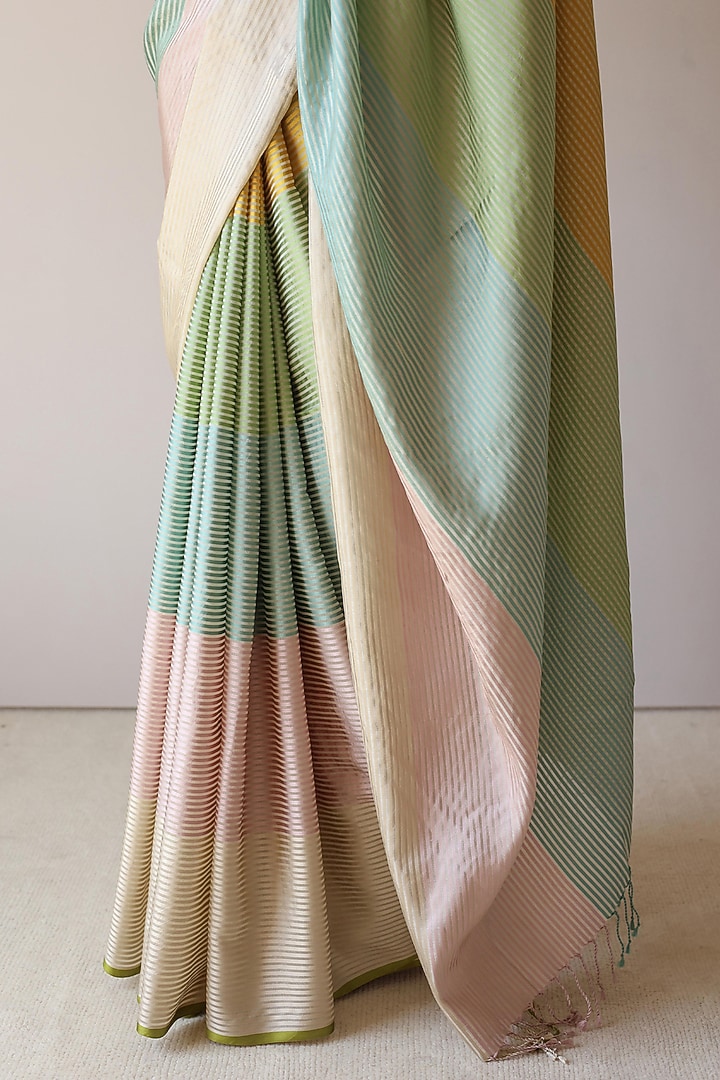 Multi-Colored Handwoven Mulberry Silk Satin Party Wear Saree by Surmaye at Pernia's Pop Up Shop