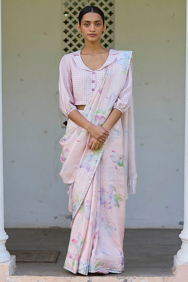 Soft Pink Handwoven Mulberry Silk Floral Printed Party Wear Saree by Surmaye  at Pernia's Pop Up Shop