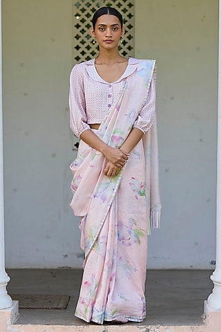 Soft Pink Handwoven Mulberry Silk Floral Printed Saree by Surmaye 
