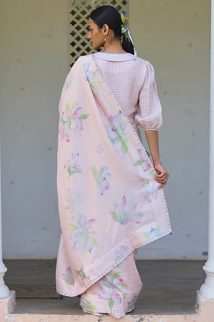 Soft Pink Handwoven Mulberry Silk Floral Printed Party Wear Saree by Surmaye at Pernia's Pop Up Shop