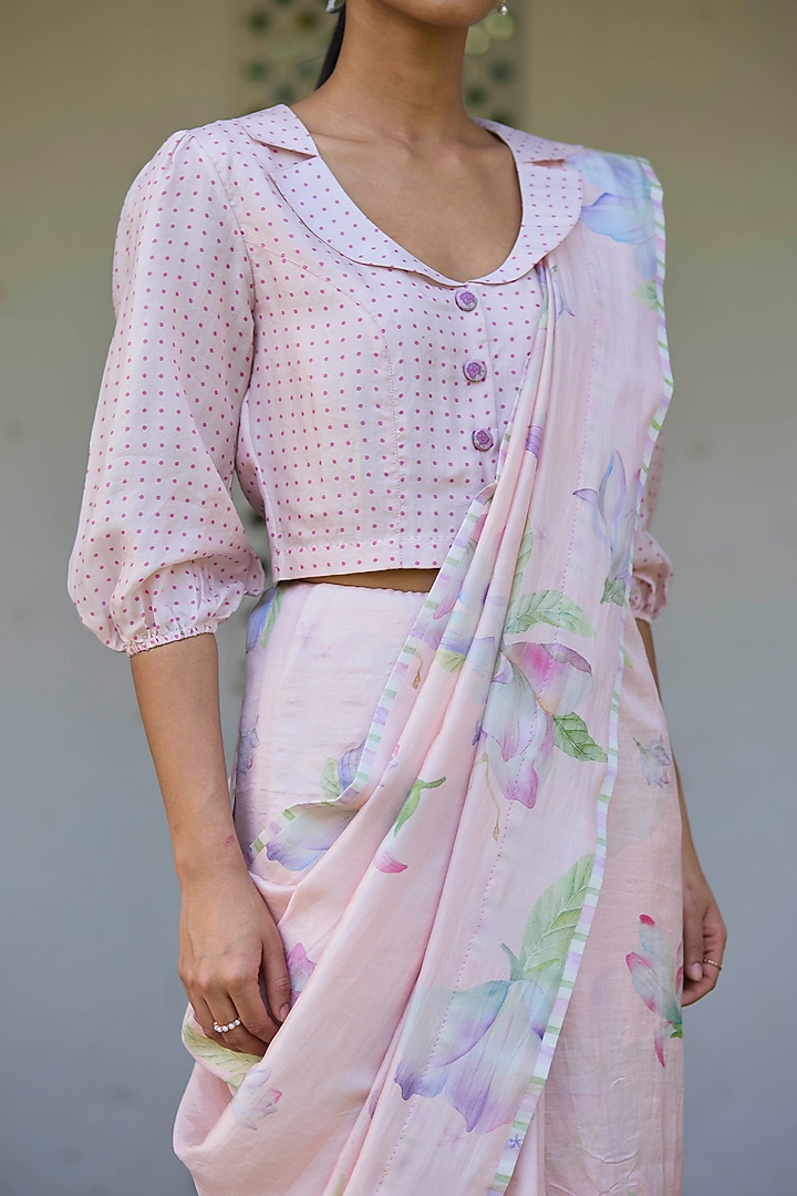Soft Pink Handwoven Mulberry Silk Floral Printed Party Wear Saree by Surmaye at Pernia's Pop Up Shop