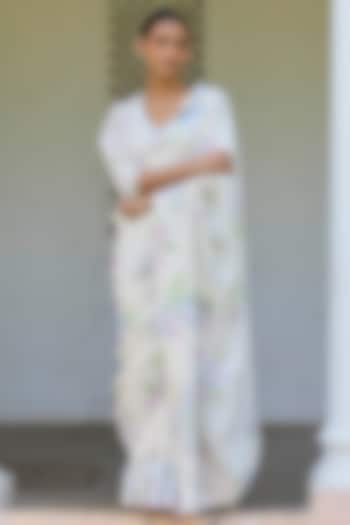 Beige Handwoven Mulberry Silk Floral Printed Party Wear Saree by Surmaye  at Pernia's Pop Up Shop