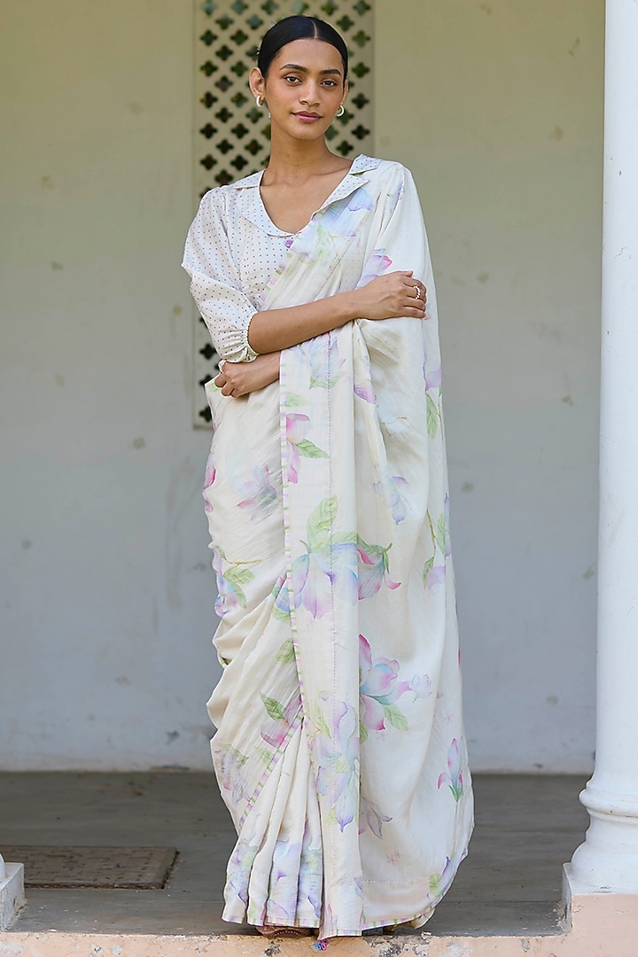 Beige Handwoven Mulberry Silk Floral Printed Party Wear Saree by Surmaye  at Pernia's Pop Up Shop