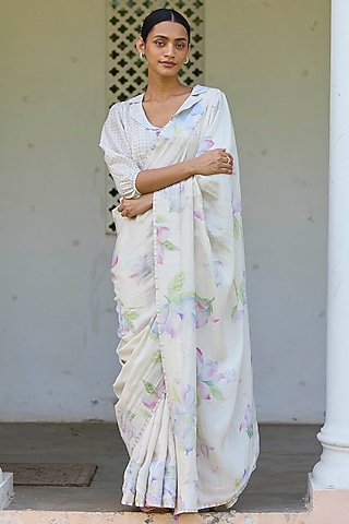 Beige Handwoven Mulberry Silk Floral Printed Saree by Surmaye 