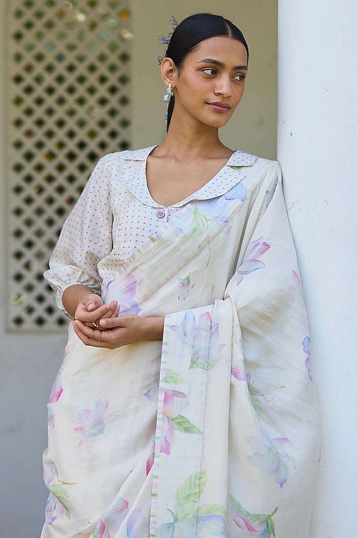 Beige Handwoven Mulberry Silk Floral Printed Party Wear Saree by Surmaye at Pernia's Pop Up Shop
