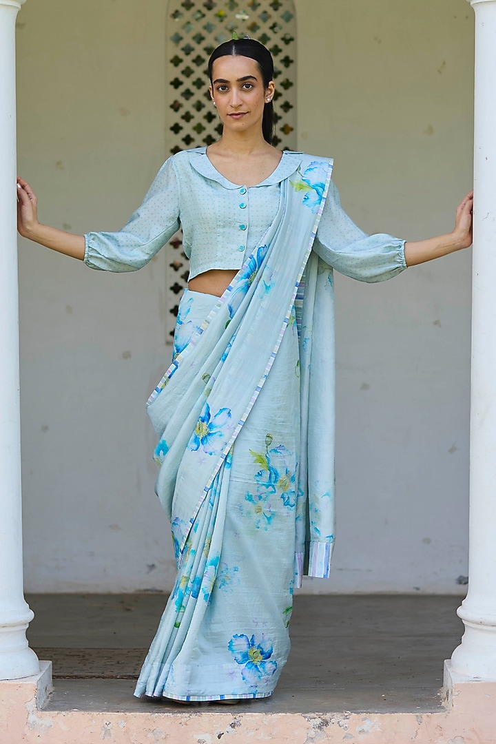 Blue Handwoven Mulberry Silk Floral Printed Party Wear Saree by Surmaye  at Pernia's Pop Up Shop
