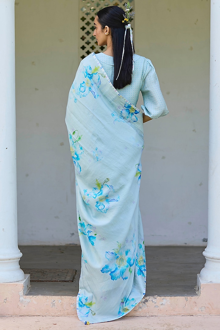 Blue Handwoven Mulberry Silk Floral Printed Party Wear Saree by Surmaye at Pernia's Pop Up Shop