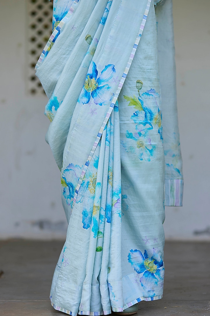 Blue Handwoven Mulberry Silk Floral Printed Party Wear Saree by Surmaye at Pernia's Pop Up Shop