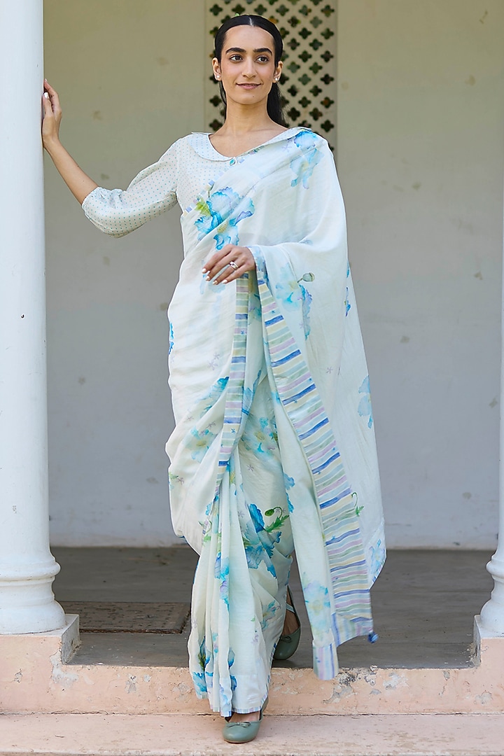 Ivory Handwoven Mulberry Silk Floral Printed Party Wear Saree by Surmaye  at Pernia's Pop Up Shop