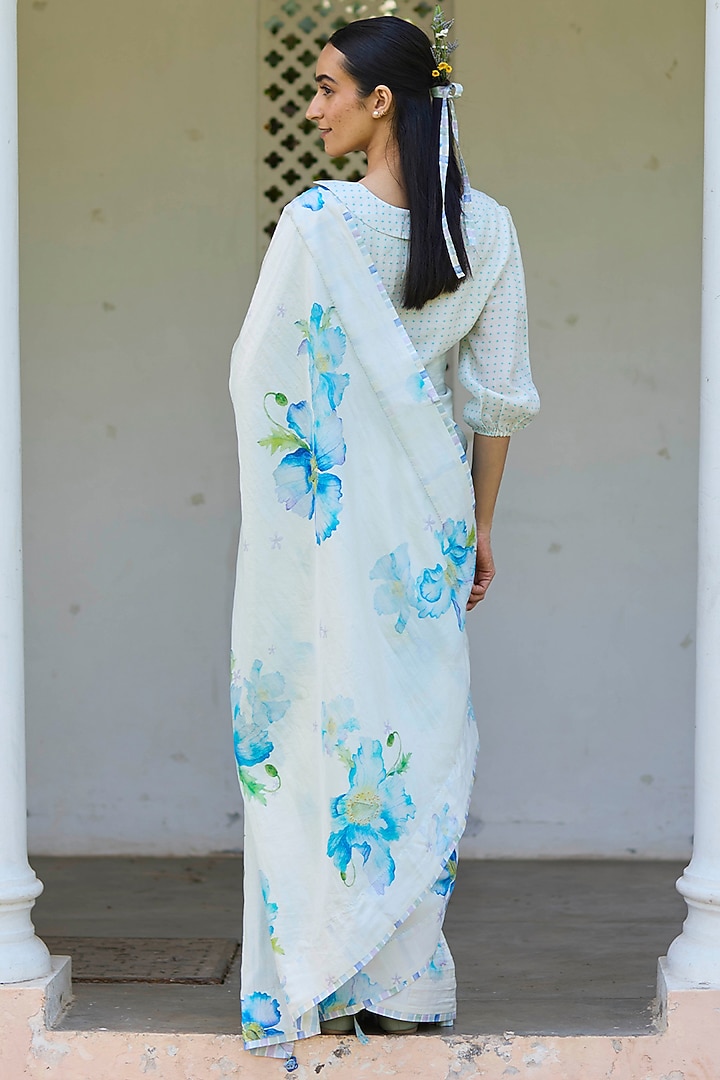 Ivory Handwoven Mulberry Silk Floral Printed Party Wear Saree by Surmaye at Pernia's Pop Up Shop