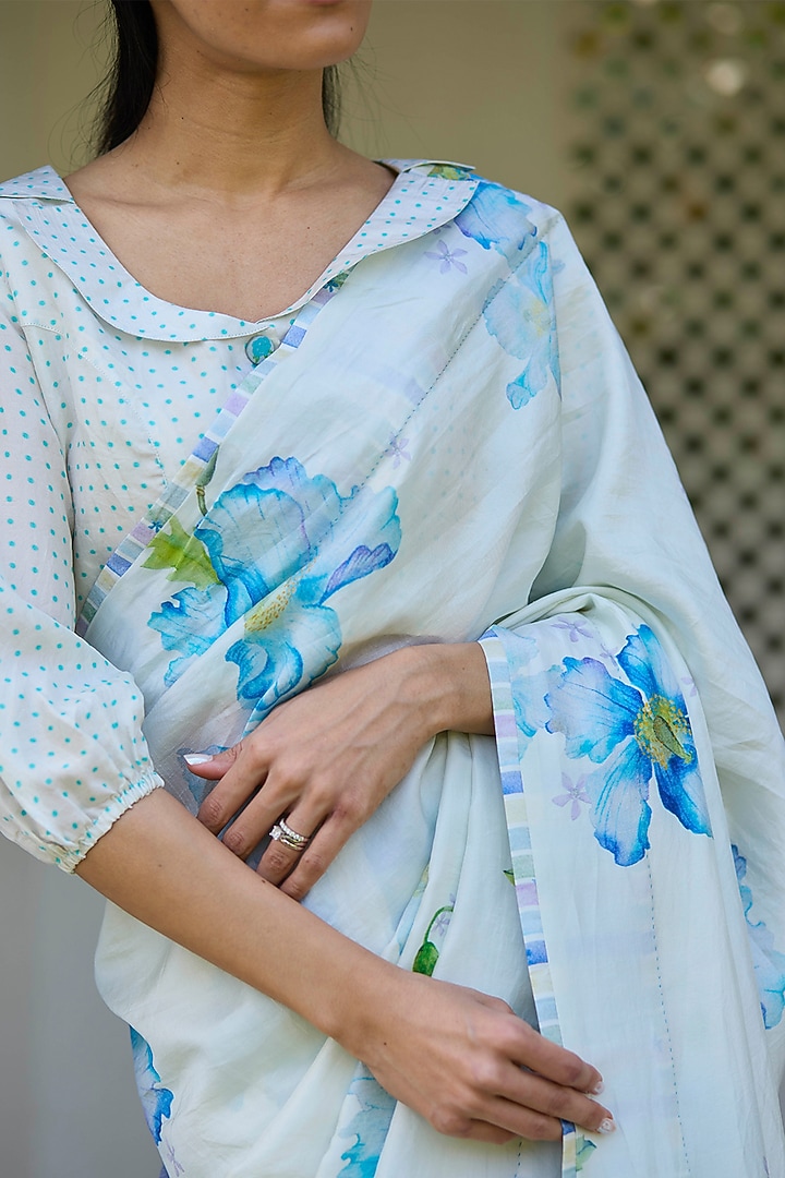 Ivory Handwoven Mulberry Silk Floral Printed Party Wear Saree by Surmaye at Pernia's Pop Up Shop