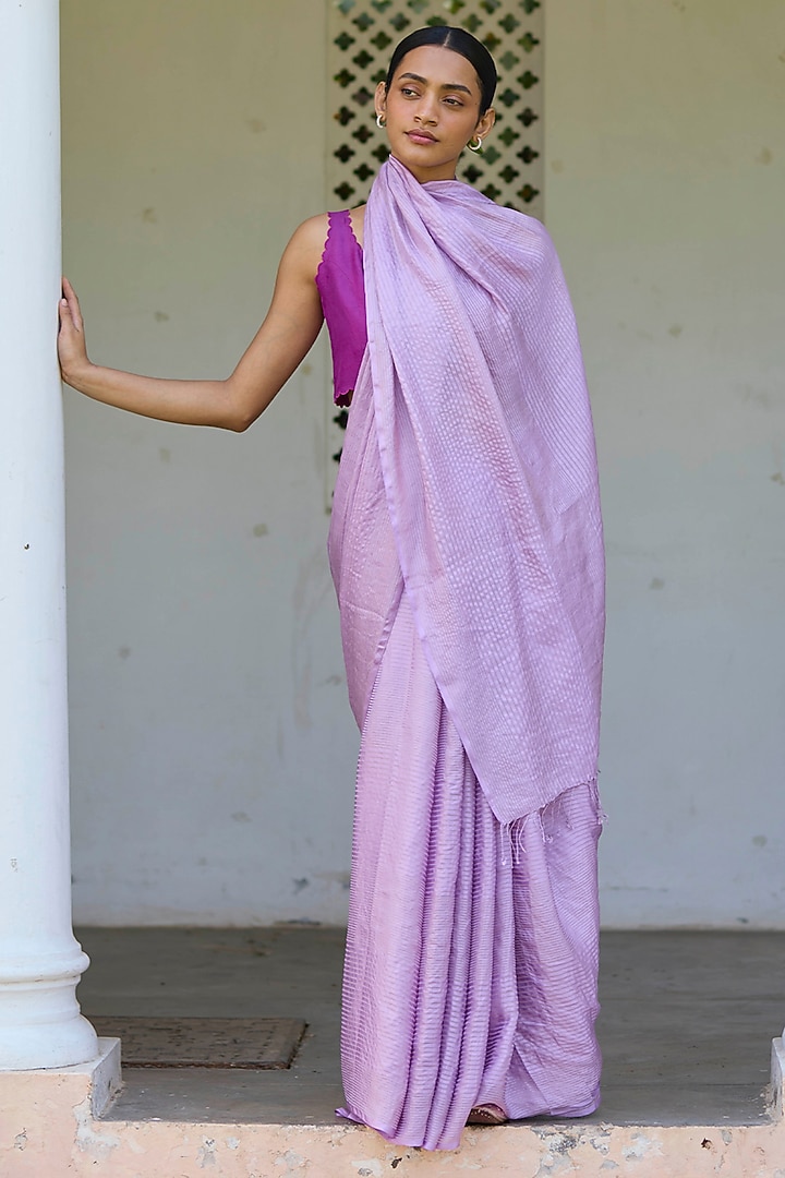 Powder Pink Handwoven Mulberry Silk Satin Party Wear Saree by Surmaye at Pernia's Pop Up Shop