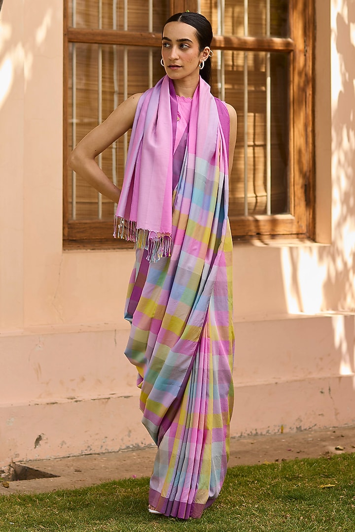 Multi-Colored Handwoven Mulberry Silk Modal Checkered Festive Saree by Surmaye  at Pernia's Pop Up Shop