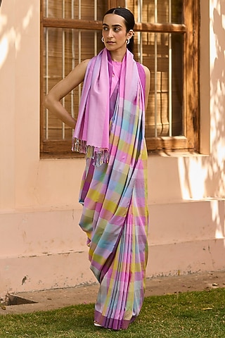 Multi-Colored Handwoven Mulberry Silk Modal Checkered Saree by Surmaye 
