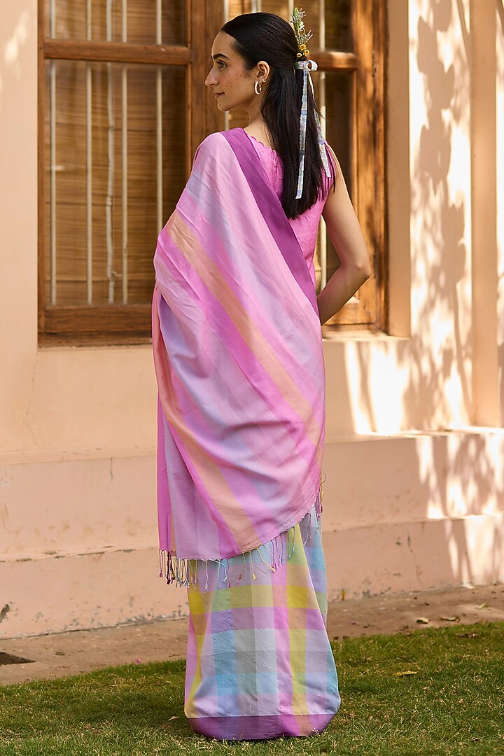 Multi-Colored Handwoven Mulberry Silk Modal Checkered Festive Saree by Surmaye at Pernia's Pop Up Shop