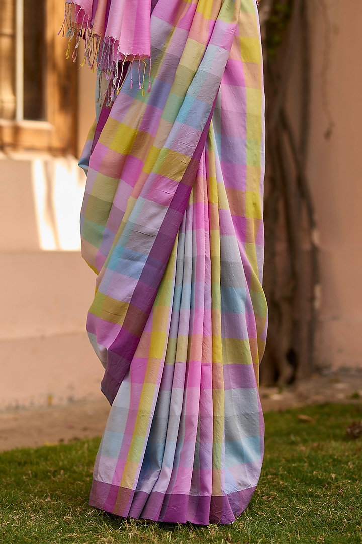 Multi-Colored Handwoven Mulberry Silk Modal Checkered Festive Saree by Surmaye at Pernia's Pop Up Shop