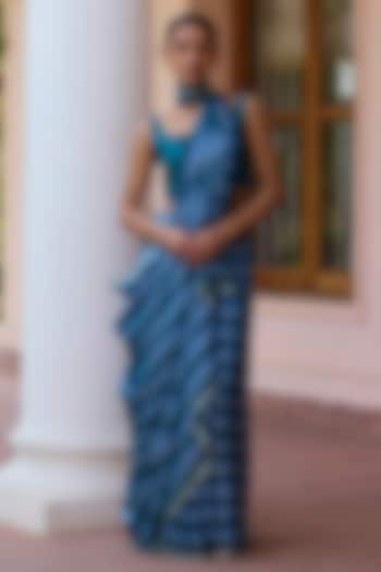 Teal Blue Handwoven Mulberry Silk Modal Striped Festive Saree by Surmaye  at Pernia's Pop Up Shop