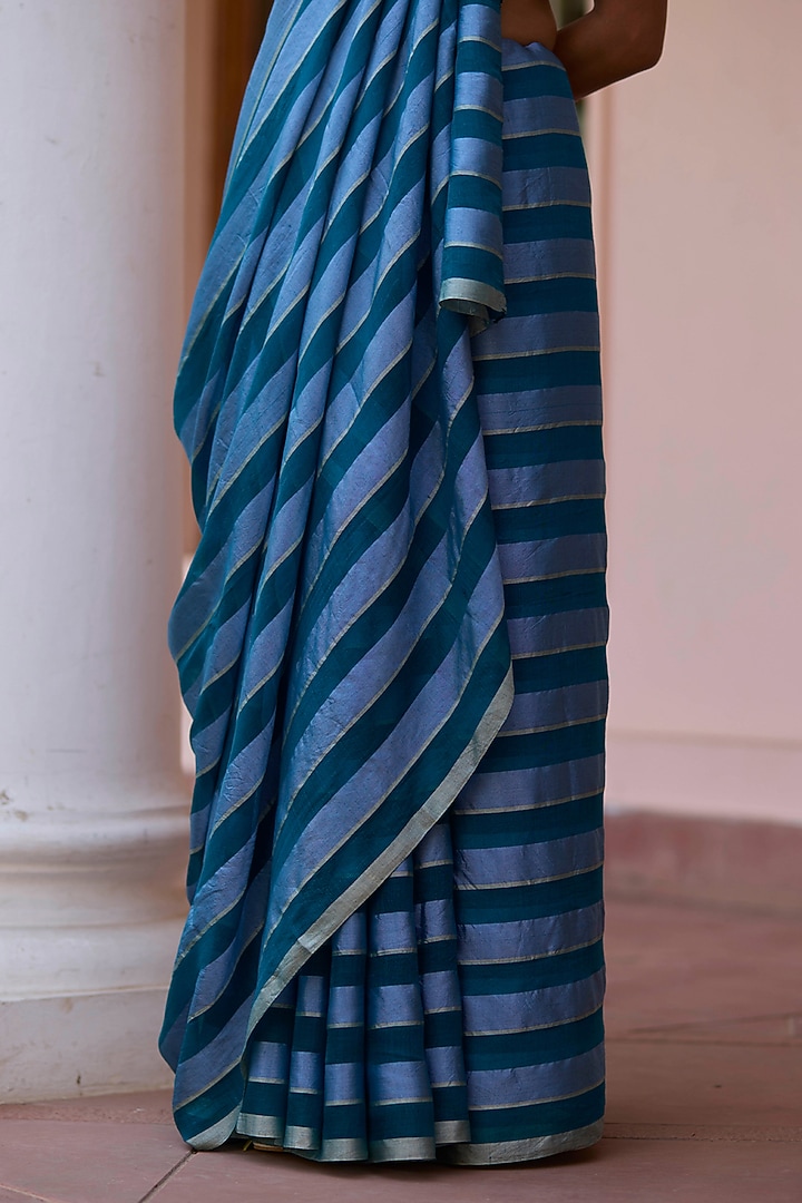 Teal Blue Handwoven Mulberry Silk Modal Striped Festive Saree by Surmaye at Pernia's Pop Up Shop