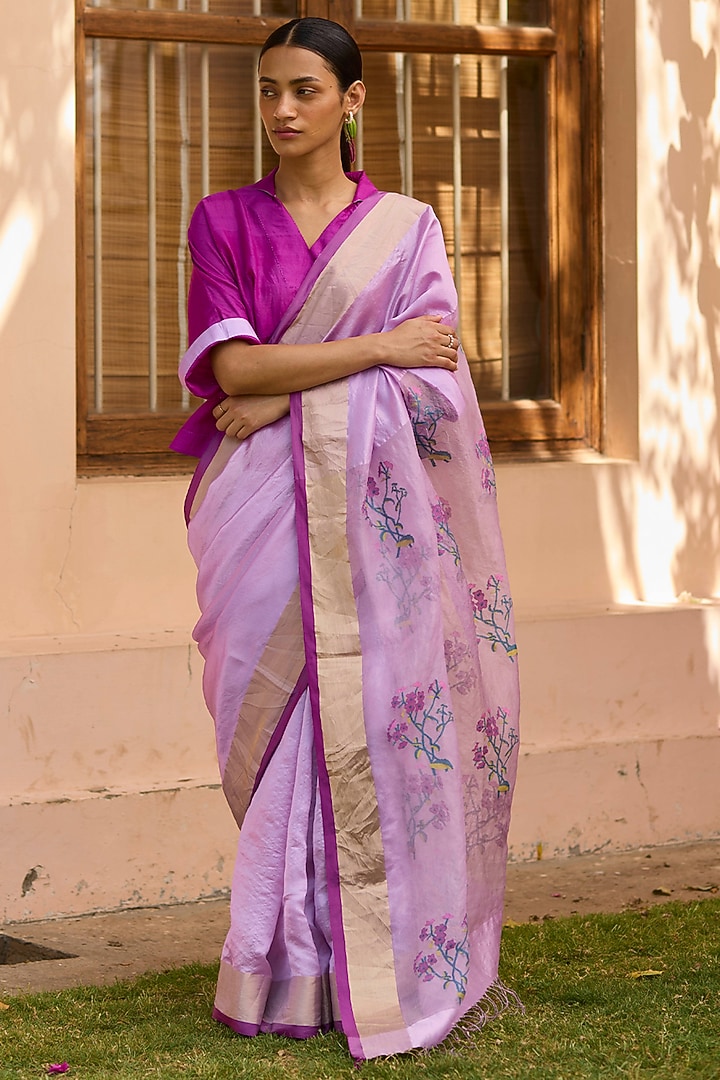 Powder Pink Handwoven Mulberry Silk Jamdani Motif Party Wear Saree by Surmaye  at Pernia's Pop Up Shop