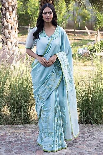 Blue Handwoven Organza Mulberry Silk Embroidered Wedding Saree by Surmaye  at Pernia's Pop Up Shop