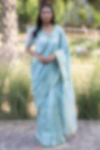 Blue Handwoven Organza Mulberry Silk Embroidered Wedding Saree by Surmaye at Pernia's Pop Up Shop