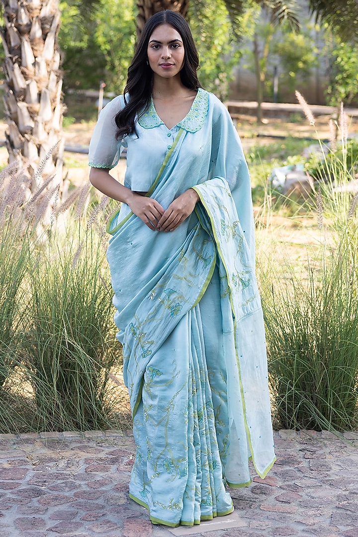Blue Handwoven Organza Mulberry Silk Embroidered Wedding Saree by Surmaye at Pernia's Pop Up Shop