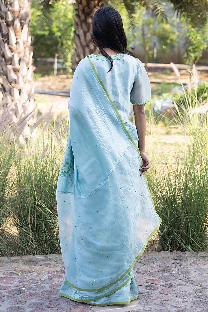 Blue Handwoven Organza Mulberry Silk Embroidered Wedding Saree by Surmaye at Pernia's Pop Up Shop