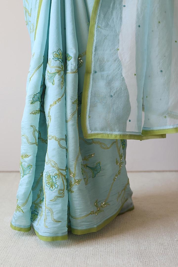 Blue Handwoven Organza Mulberry Silk Embroidered Wedding Saree by Surmaye at Pernia's Pop Up Shop