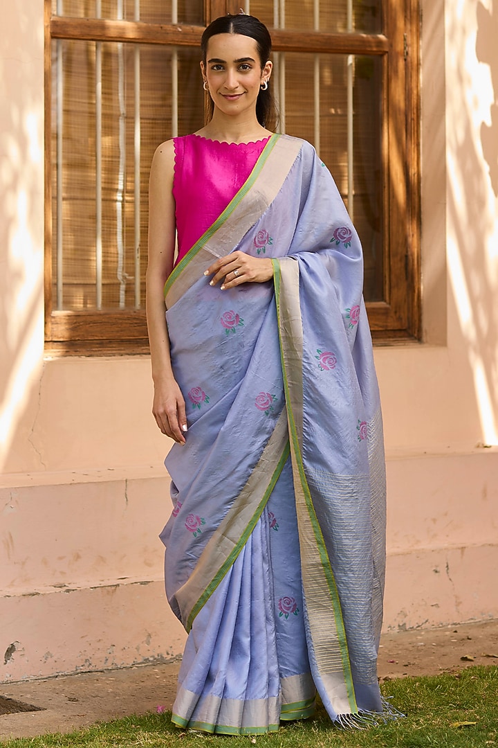 Powder Blue Handwoven Mulberry Silk Jamdani Motif Party Wear Saree by Surmaye  at Pernia's Pop Up Shop