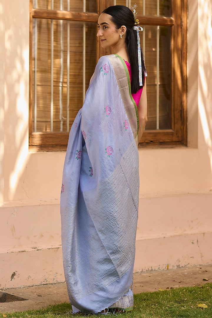 Powder Blue Handwoven Mulberry Silk Jamdani Motif Party Wear Saree by Surmaye at Pernia's Pop Up Shop