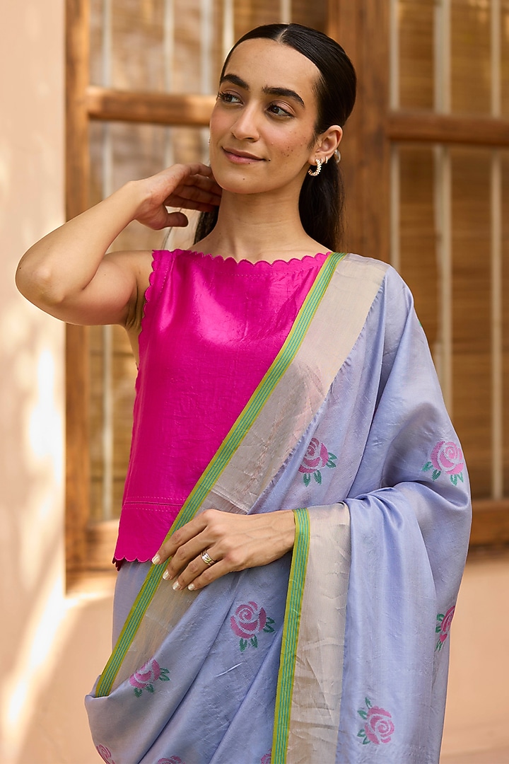 Powder Blue Handwoven Mulberry Silk Jamdani Motif Party Wear Saree by Surmaye at Pernia's Pop Up Shop