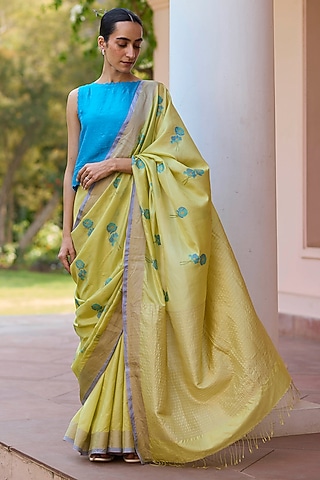 Yellow Handwoven Mulberry Silk Jamdani Motif Saree by Surmaye 