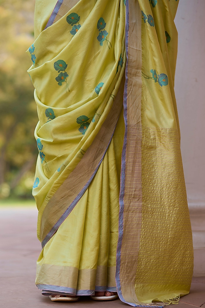 Yellow Handwoven Mulberry Silk Jamdani Motif Wedding Saree by Surmaye at Pernia's Pop Up Shop