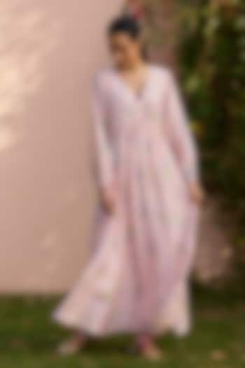 Soft Pink Handwoven Silk Modal Floral Printed Maxi Summer Dress by Surmaye  at Pernia's Pop Up Shop