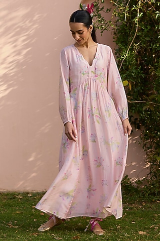 Soft Pink Handwoven Silk Modal Floral Printed Maxi Dress by Surmaye 