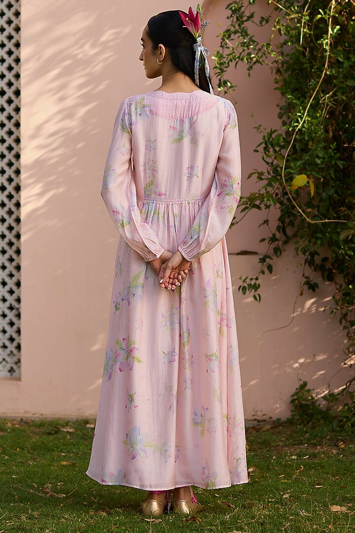 Soft Pink Handwoven Silk Modal Floral Printed Maxi Summer Dress by Surmaye at Pernia's Pop Up Shop